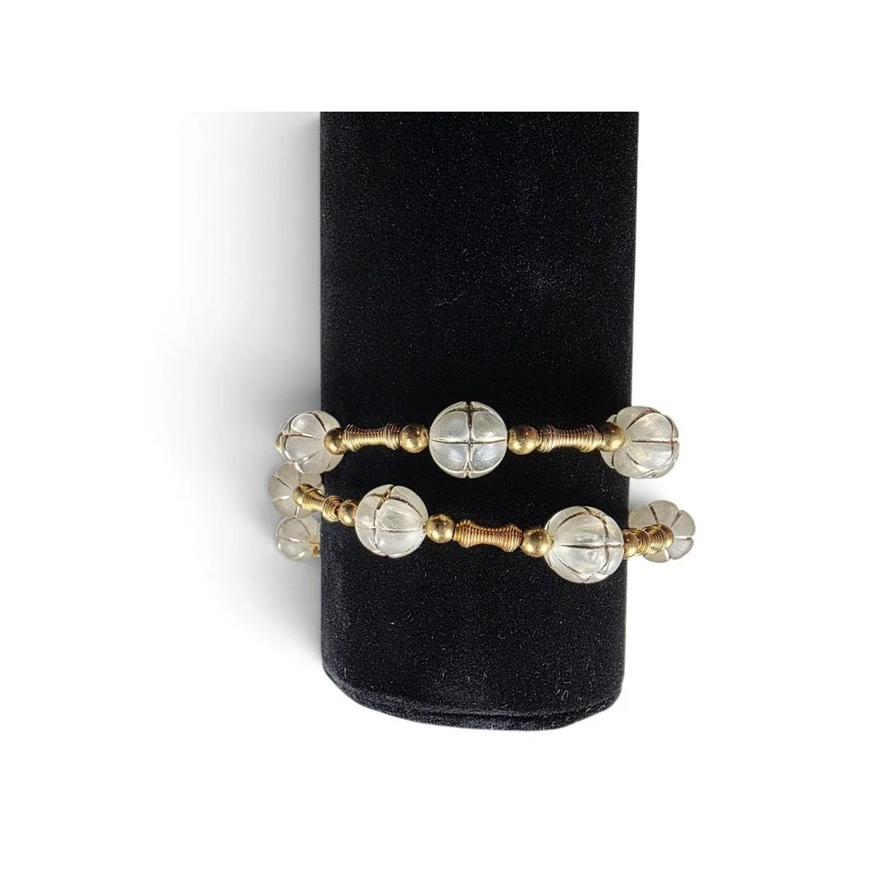 Vintage Clear Melon Cut Lucite Multi Strand Coil Wrap Bracelet Gold Tone Retro